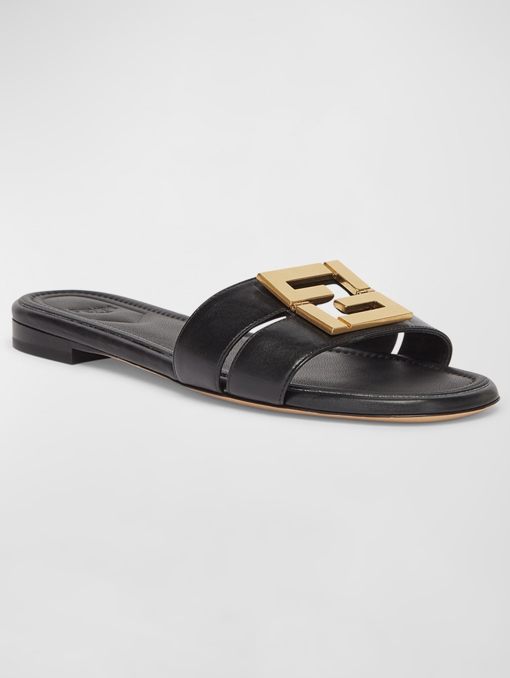 Fendi Black Leather Slides with Gold Double-F Logo - Picture 2 of 9